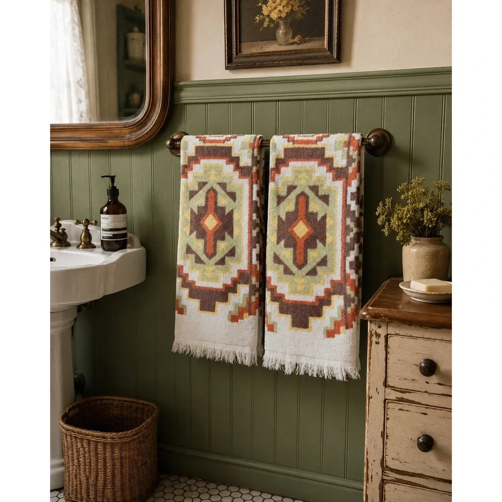 Vintage Southwest Bath Towels Pair Aztec Western Fringe Brown Rust 22x40 Retro 2